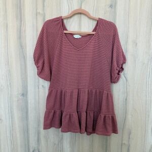 Altar'd State Peplum Top L Pink Waffle Knit Tiered Short Sleeve Cottage Romantic